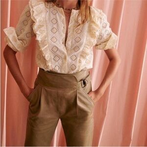 Sezane 100% lambs leather trousers in tan/ dark beige